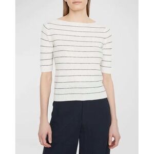 Vince White Grey Striped Linen Cashmere Ribbed Boatneck Short Sleeve Sweater L